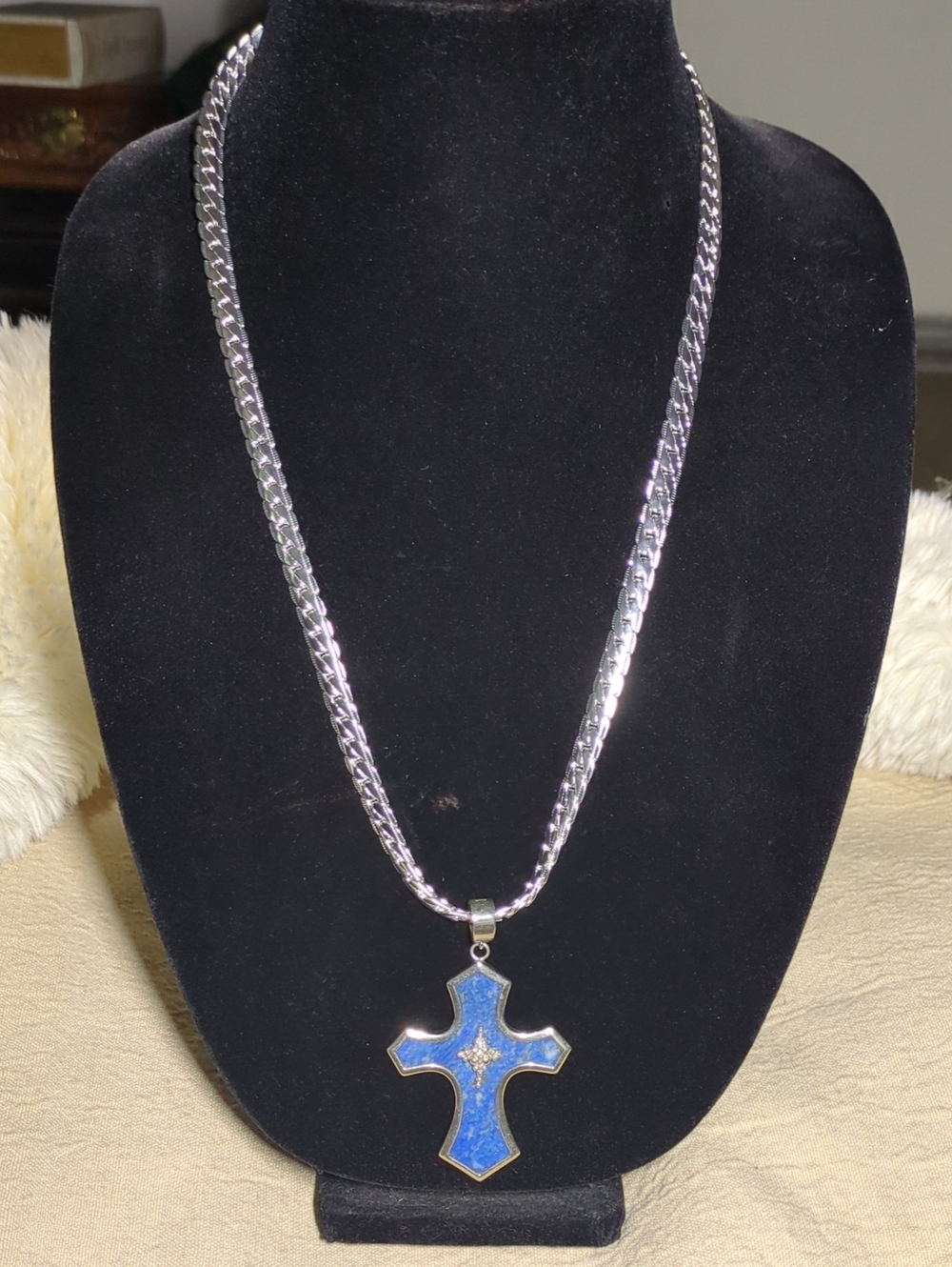 Vintage Signed Sterling Silver Lapis LazuliCross Pendant W/24" 925 Necklace $150